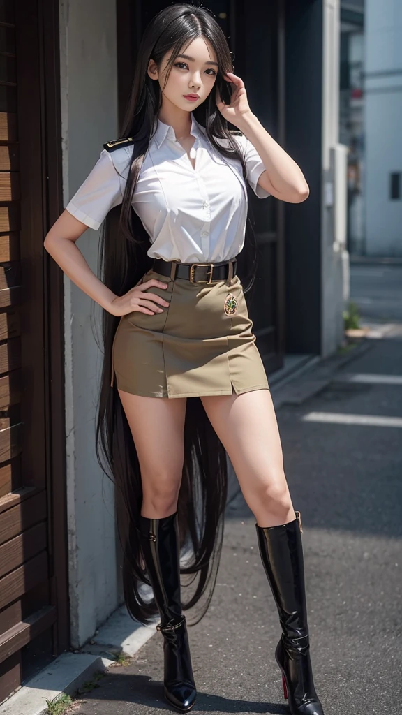 mature woman, Breasts are fully grown., Khaki suit, khaki civil servant, Thai teacher uniform:1.3, Beautiful girl with extra long hair, Two meter long hair, Long hair that catches the eye, long black hair, Her hair is very long., Long, shiny hair, Long, thick, soft hair, Extra long hair, Dynamic posts, like full body, Short sleeve shirtสีกากี, short pencil skirtสีกากี, side cut, Decorated with military insignia., black high heels, The sexiest, small waist, hips raised, small thighs, Long legs, Women's fingers are slender and beautiful., Huge breasts, Huge breasts:1.5, big breast, Very big breasts, Eye-catching breasts, A gigantic rift, Not completely covered, big breast, Huge breast, Big tits D, สาวTwo meter long hair, Beautiful face, red lips, Very shiny, แต่งBeautiful face, Military rank insignia, short pencil skirt, tight, ultra short skirt, The skirt is very short., Wear a miniskirt., Short sleeve shirt, tight, in the background, blurred garden., seductive gesture, Women's condition, Hermes 2002-26 Bag, Gold Necklace, นาฬิกา Apple Watch, stand, walk, The skirt is very short., smooth thighs,