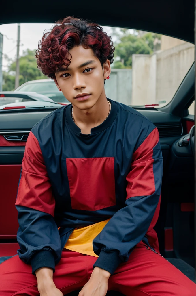 Make yong boy and Curly hair top sut colour is red and red pent boy sit down is blue car in senter face
