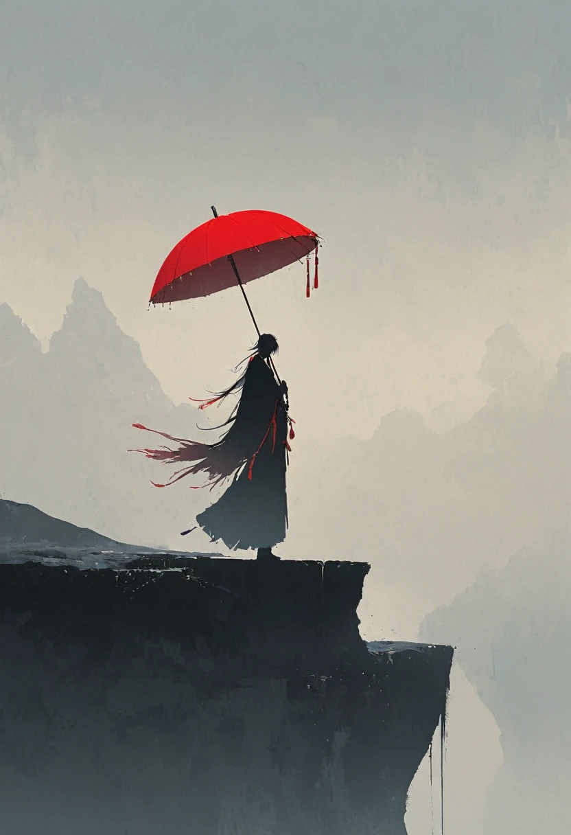 a simple,minimalist illustration, 1 red umbrella suspended in the air,tassels on the umbrella,solitary figure,on a cliff edge,bridge