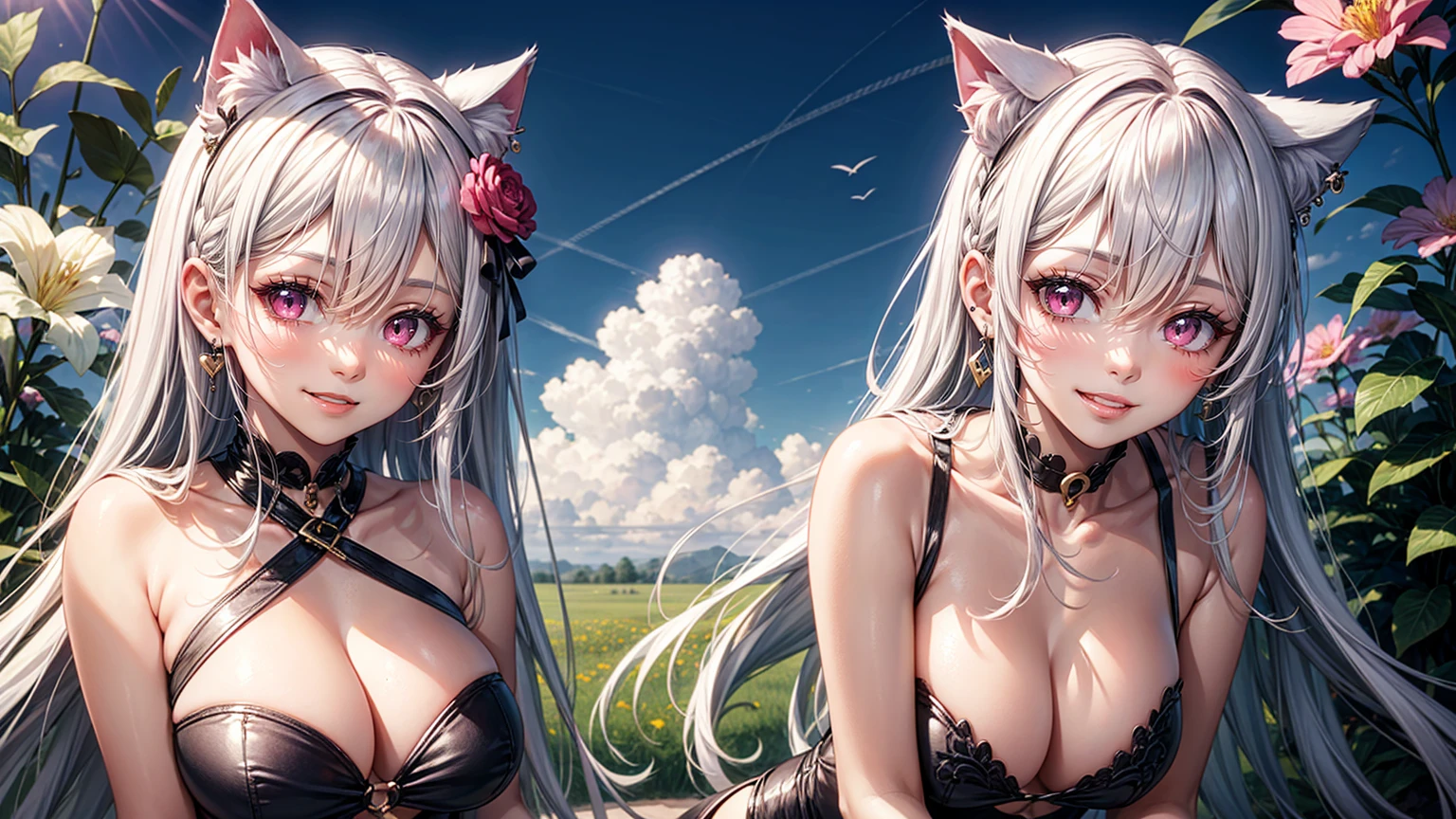 Silver Hair, Pink Eyes, Body, Cat ears, Sexy Girls, earrings, Flower sky background, Pink Red , Hair accessories, sit down, Smiley Face