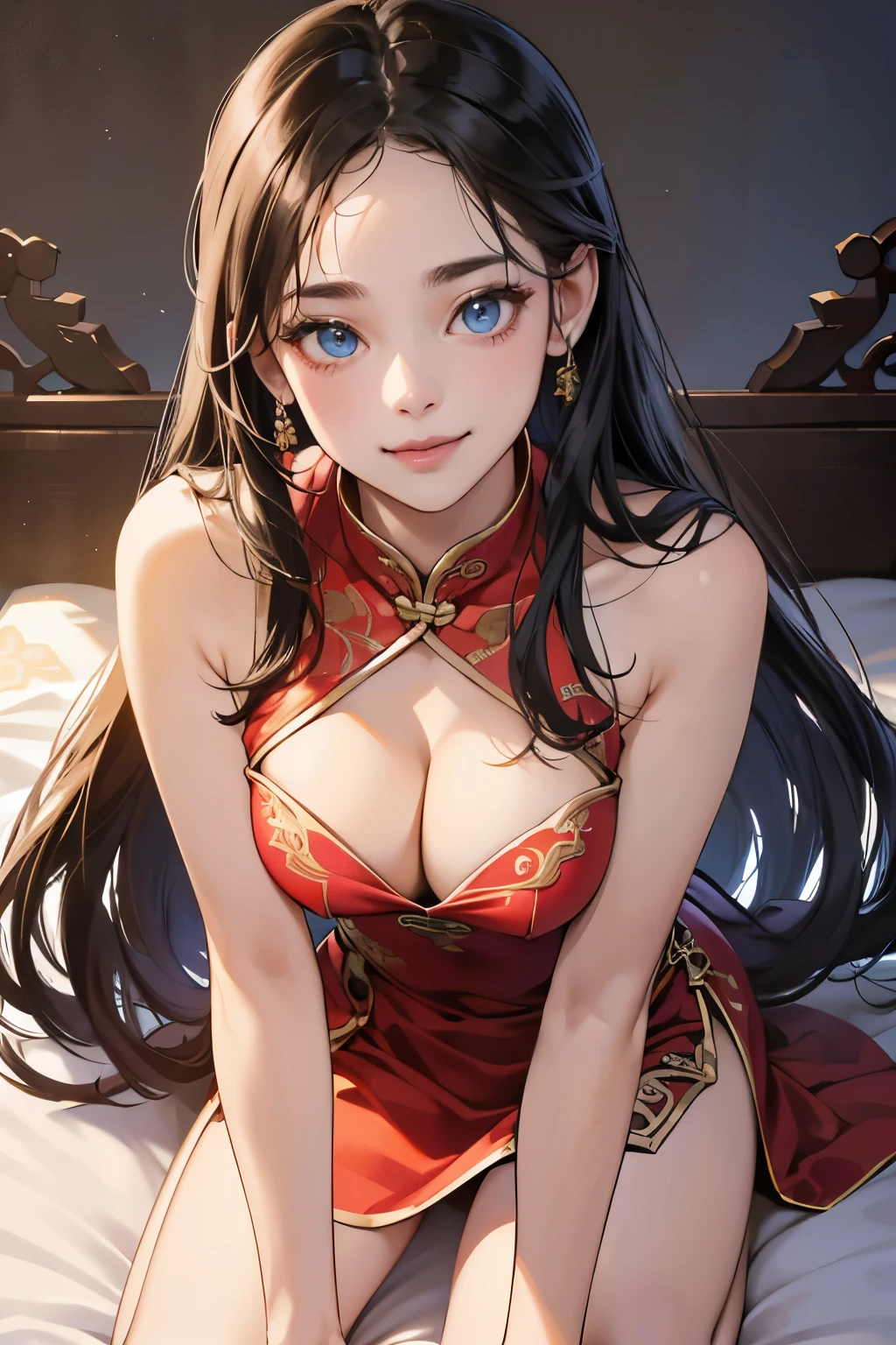 (Tabletop, Digital Art, Digital Illustration, 4K, 8K, Very detailed, Beautiful images, Clear images, Realistic, RAW Photos, Perfect Face, Perfect Lines, Perfect Eyes, Big eyes、Soft lighting),masterpiece, best quality, 1 girl, 独奏, small breasts, forehead, black hair, long hair, black chinesedress, mini skirt, blue eyes, leaning forward, smile, (close-up breasts:1.2), cleavage, (Beijing:1.2),bare shoulders, china dress, chinese clothes, short dress, cleavage cutout, sideboob, thighs, on bed ,show off breasts,show off breasts