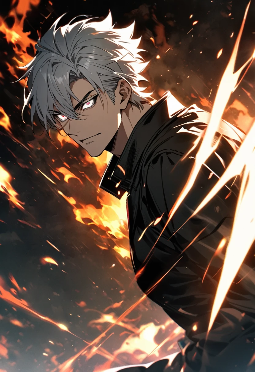 male, handsome, experienced, silver hair, short hair, cool, black eyes, glowing eyes, burning black eyes