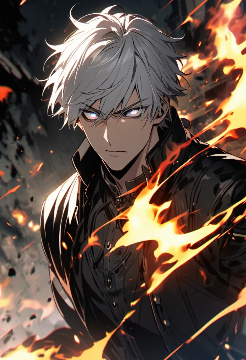 male, handsome, experienced, silver hair, short hair, cool, black eyes, glowing eyes, burning black eyes