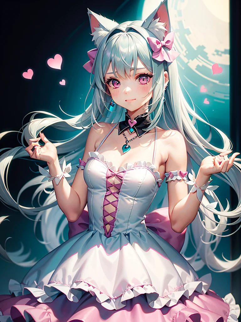 Silver hair, pink eyes, body, cat ears, girl, earrings, heart background fantasy, princess, godly, hair bows, happy face, teal green dress, pet cat
