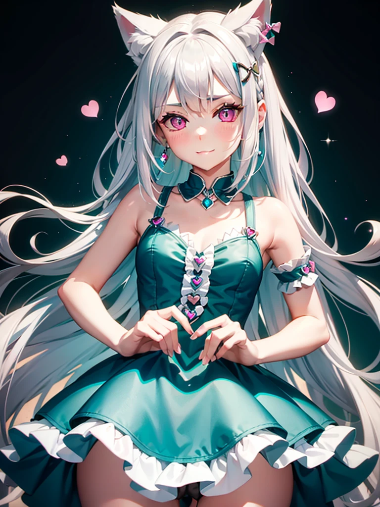 Silver hair, pink eyes, body, cat ears, girl, earrings, heart background fantasy, princess, godly, hair bows, happy face, teal green dress, pet cat