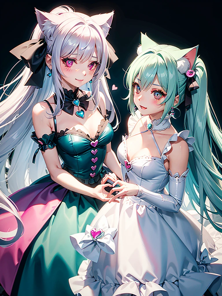 Silver hair, pink eyes, body, cat ears, girl, earrings, heart background fantasy, princess, godly, hair bows, happy face, teal green dress, pet cat