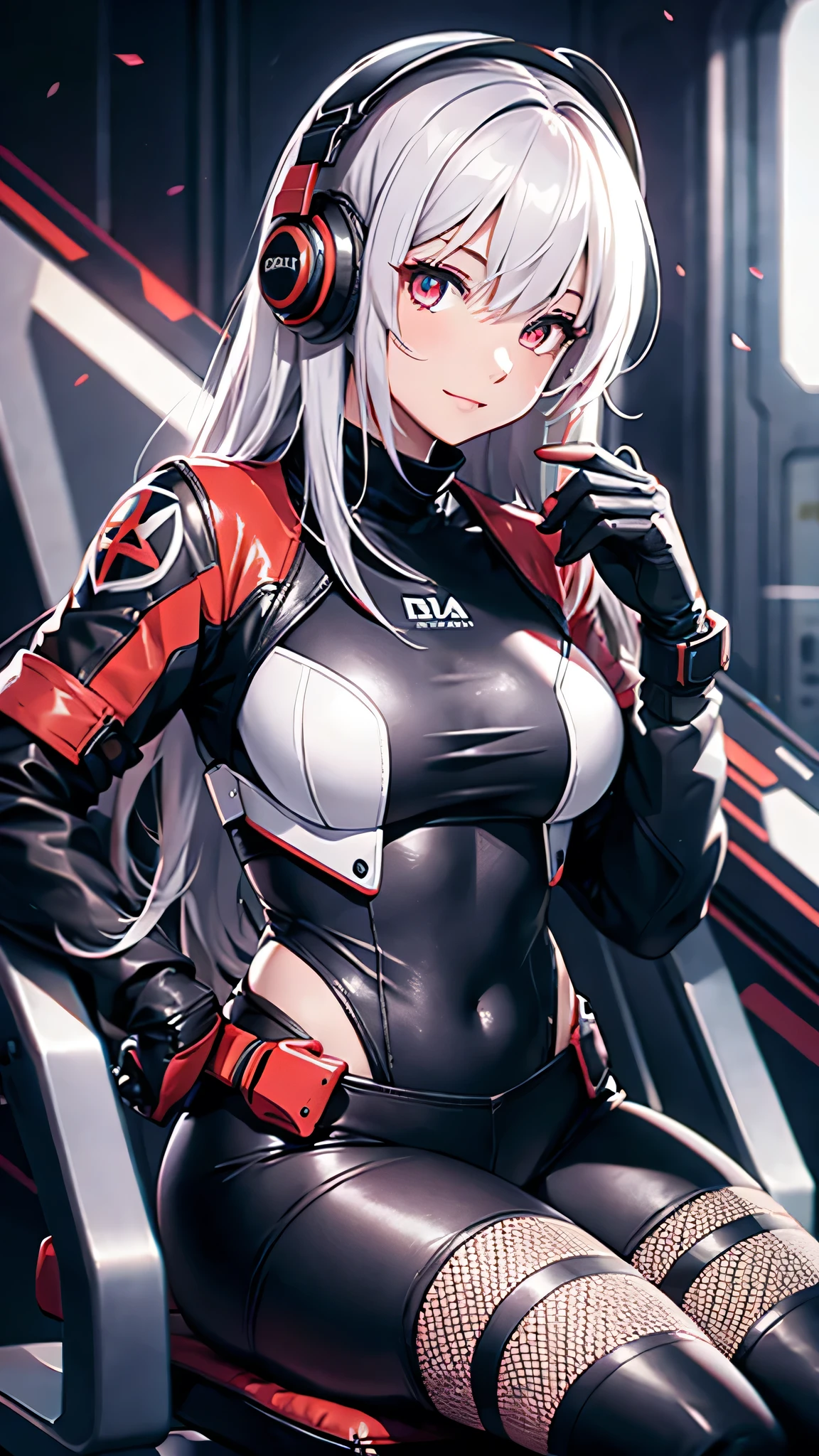 Highest quality、Highest quality、Masterpiece、girl((20-year-old、as soon as、Highest Bust、Medium Bust、Wide open chest、Red glowing eyes、Light Silver Hair、Disheveled Hair、Loincloth、thin、The best valley、Open chest、Full body view、Leather Tank Top、Leather pants、Smile、Leaning forward greatly,Perforated gloves、Sit on a chair、Grip the control stick、A tense face、Red headphones))、high quality、Beautiful Art、background((Fighter cockpit))、flight、Flying Debris、Depth of text、movie、Visual Arts、Perfect Art、8K、Genuine、