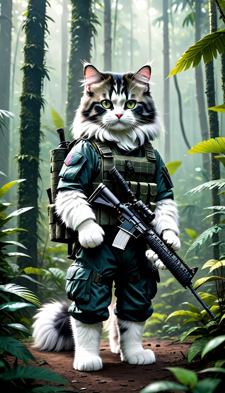 Best Quality, Standing on its hind legs, black and white Siberian cat in the special forces style, armed with an M4A1, wearing a helmet, goggles, carefully observes in the jungle and gives the command to go to the front. Cinematic quality, Still from the film. Hyper-realistic. Bright colors of forest.