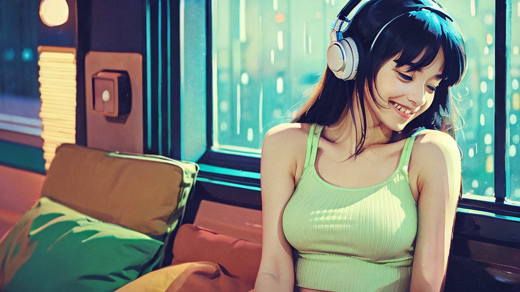 night、Girl listening to music in a cozy room, Use headphones, 2D Style Anime,  Rain outside the window、Analog Color Theme、Ghibli style、neon, close up, detailed background, chill, rain outdoor, detailed face, smile, long hair, large breast, ((crop top, white crop top, navel)), crop, city light, bare shoulder, detailed armpit, cleveage