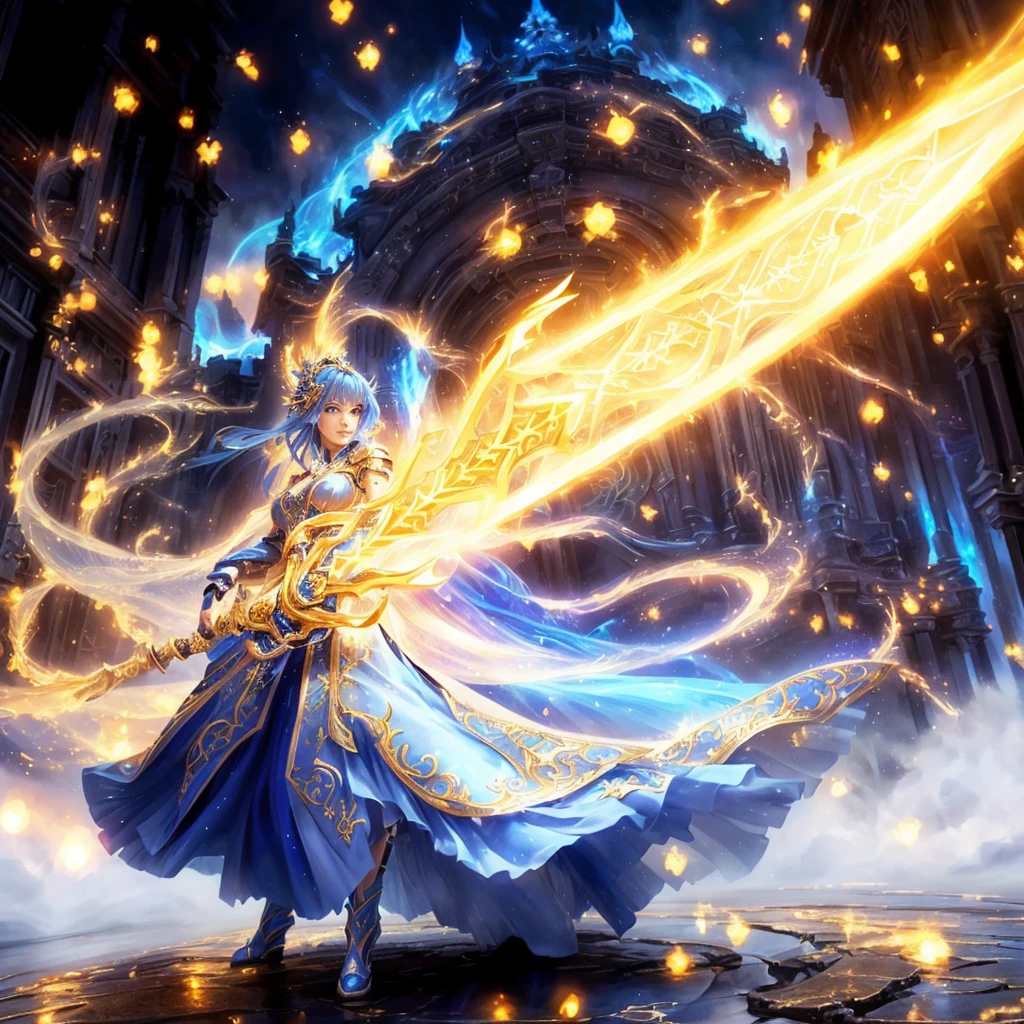 a woman in a blue dress holding a sword in front of a building, cute celestial wizard, highly detailed fantasy art, 2. 5 d cgi anime fantasy artwork, magical concept art highlight, detailed fantasy digital art, 由杨J, holy fire spell art, anime fantasy illustration, detailed fantasy art, anime fantasy artwork, Fantasia Xianxia, fantasy beautiful lighting