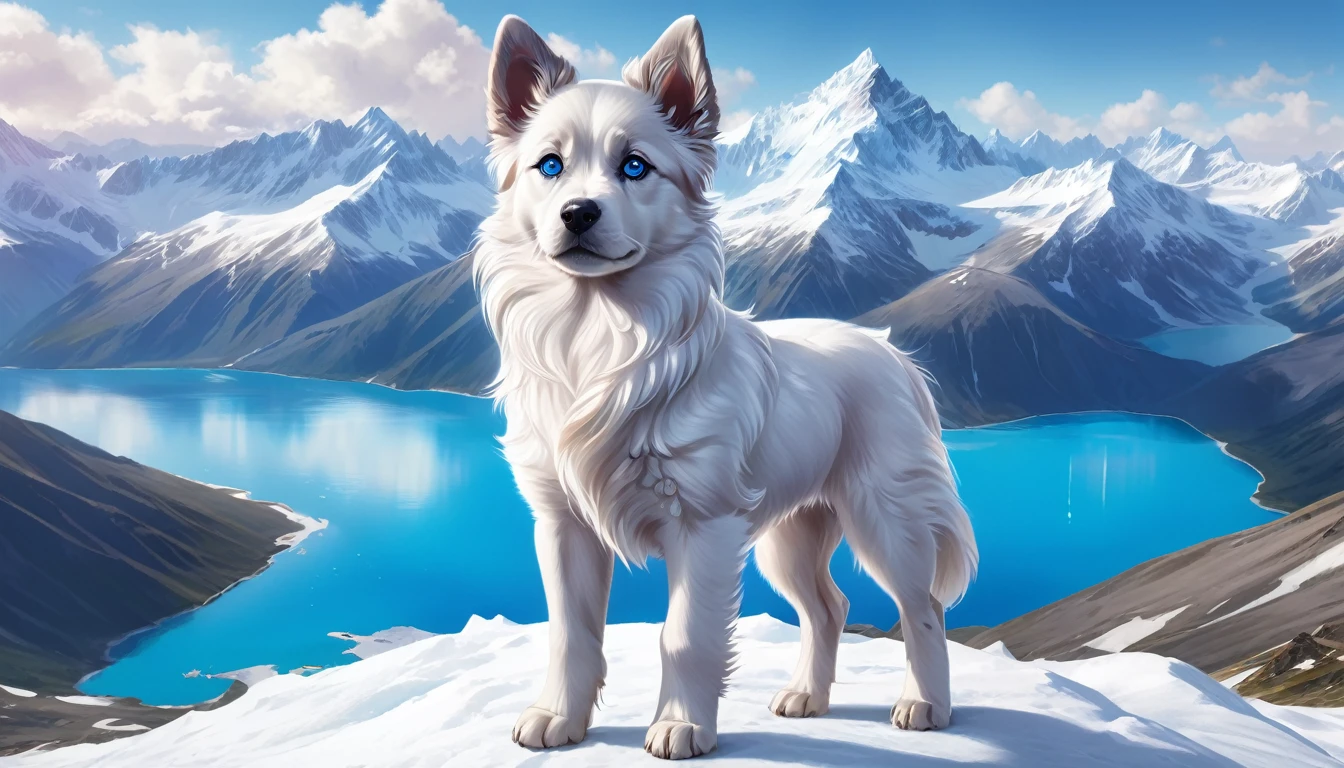 A regal puppy with a shiny coat and piercing blue eyes, standing proudly on a mountaintop, surrounded by a breathtaking landscape of snow-capped mountains and crystal clear lakes.