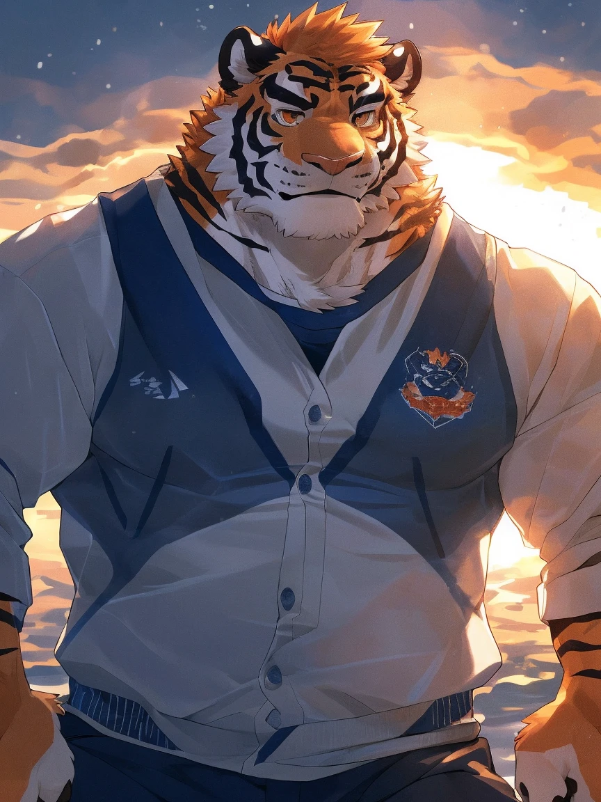 human nature, Wildlife, male,18 years old， solitary, ((Round Face, The face is plump,Orange eyes,Thick orange hair，With scars)), ((Endomorph, Handsome，Hot Blood)), (Sportswear，Light blue and white coat，Wear a sports cap), ((domestic tiger, tiger，) Fluffy fur, Fluffy), Bokeh, (high quality, high resolution, masterpiece), (Dynamic Lighting, Vibrant colors，Natural fill light), (Revitalize，harm，Disdain，aggressive), Full body picture (close up), cartoon, author：Takemoto Arashi, From zixiong, By Chunni, author：Empty Ghost，（background：Raining dead city）