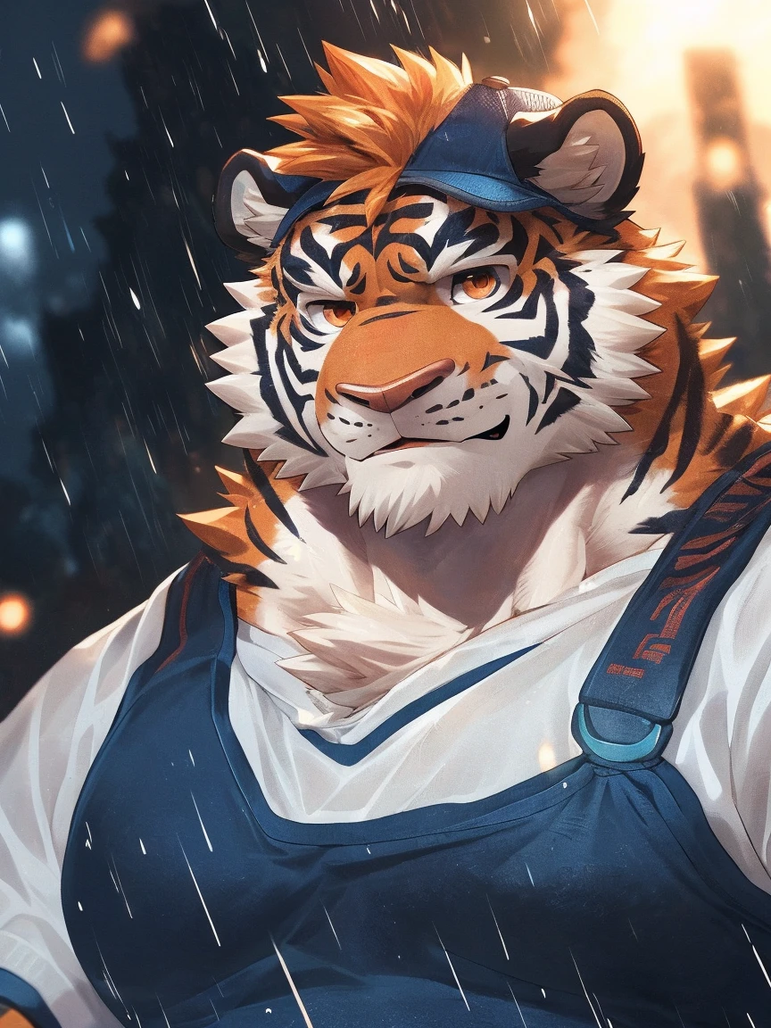 human nature, Wildlife, male,18 years old, solitary, ((Round Face, The face is plump,Orange eyes,Thick orange hair,With scars)), ((Endomorph, Handsome,Hot Blood)), (Sportswear,Light blue and white coat,Wear a sports cap), ((domestic tiger, tiger,) Fluffy fur, Fluffy), Bokeh, (high quality, high resolution, masterpiece), (Dynamic Lighting, Vibrant colors,Natural fill light), (Revitalize,harm,Disdain,aggressive), Full body picture (close up), cartoon, author:Takemoto Arashi, From zixiong, By Chunni, author:Empty Ghost,(background:Raining dead city)