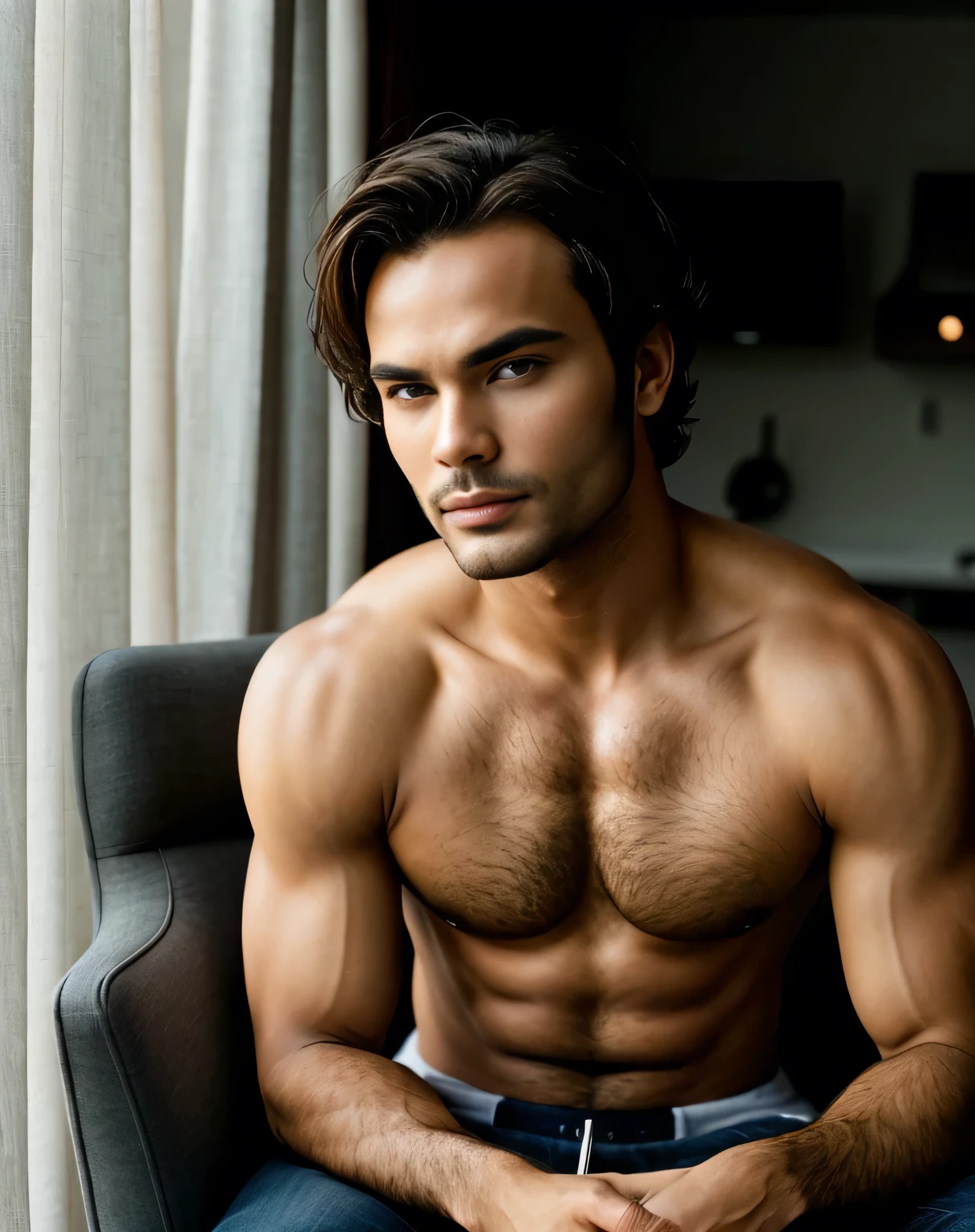 Handsome man sitting on a chair with a laptop, appealing short hair, man with short hair, with short hair, extremely short hair, very short and unkempt hair, short hairstyle, very short flowing hair, face detailed, square jawline, attractive male model, short brown wavy hair, short hair, short messy hair, short flowing brown hair, large eyes and flowing short hair, Giulio Berruti 8k