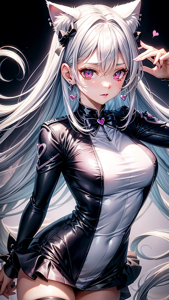 Silver hair, pink eyes, body, cat ears, sexy girl, earrings, heart background fantasy,blue uniform, hair bow