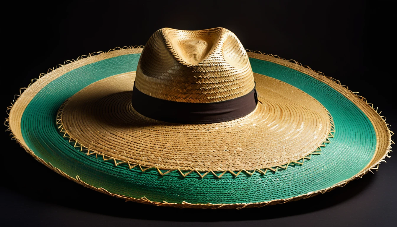 there is a straw have with a brown band on it, straw have, Mexican Sombrero, wearing huge straw have, wearing straw have, straw, with straw have, fancy have, wearing wide sunhave, On black background, ten-gallon have, have, brown have, On black background, no have, dark have, Contextureless, black sun have,straw,weave,Art