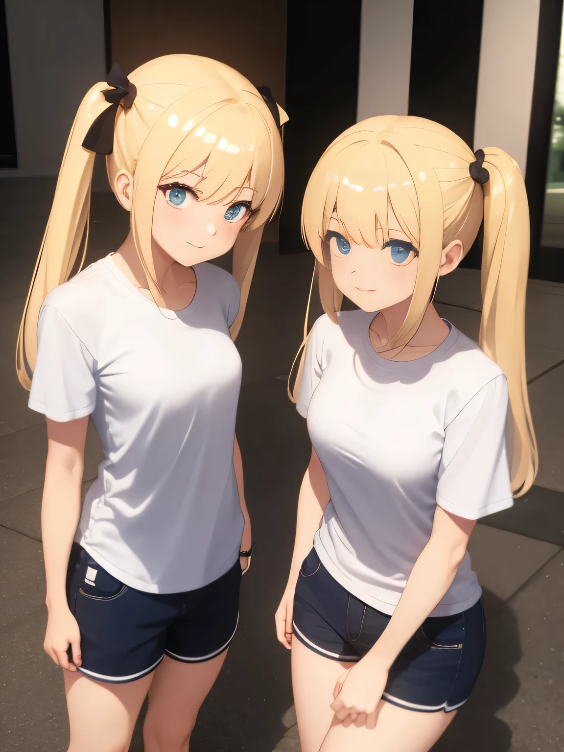 She has blonde twin tails、Wearing a white T-shirt and shorts