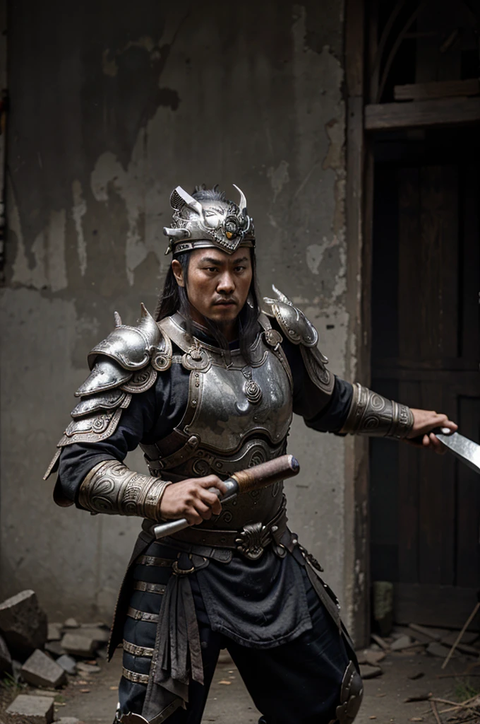 an ancient chinese warrior holding a silver axe