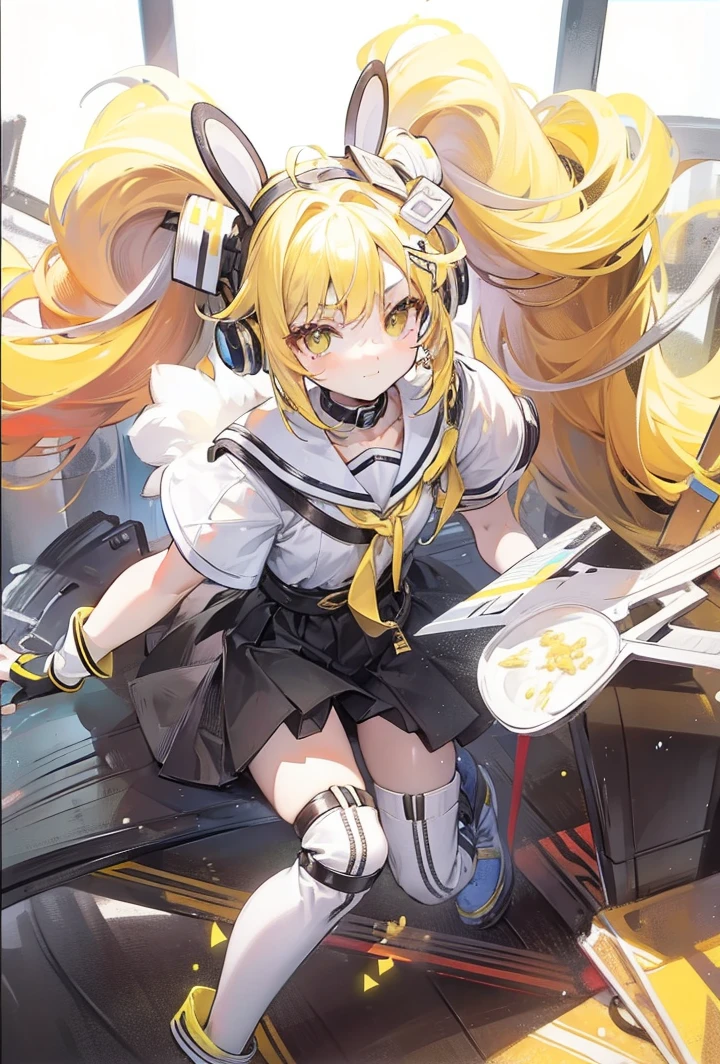 Head with powdery yellow hair，Short double ponytail，black collar，Bright sweaters，This is a cute loli