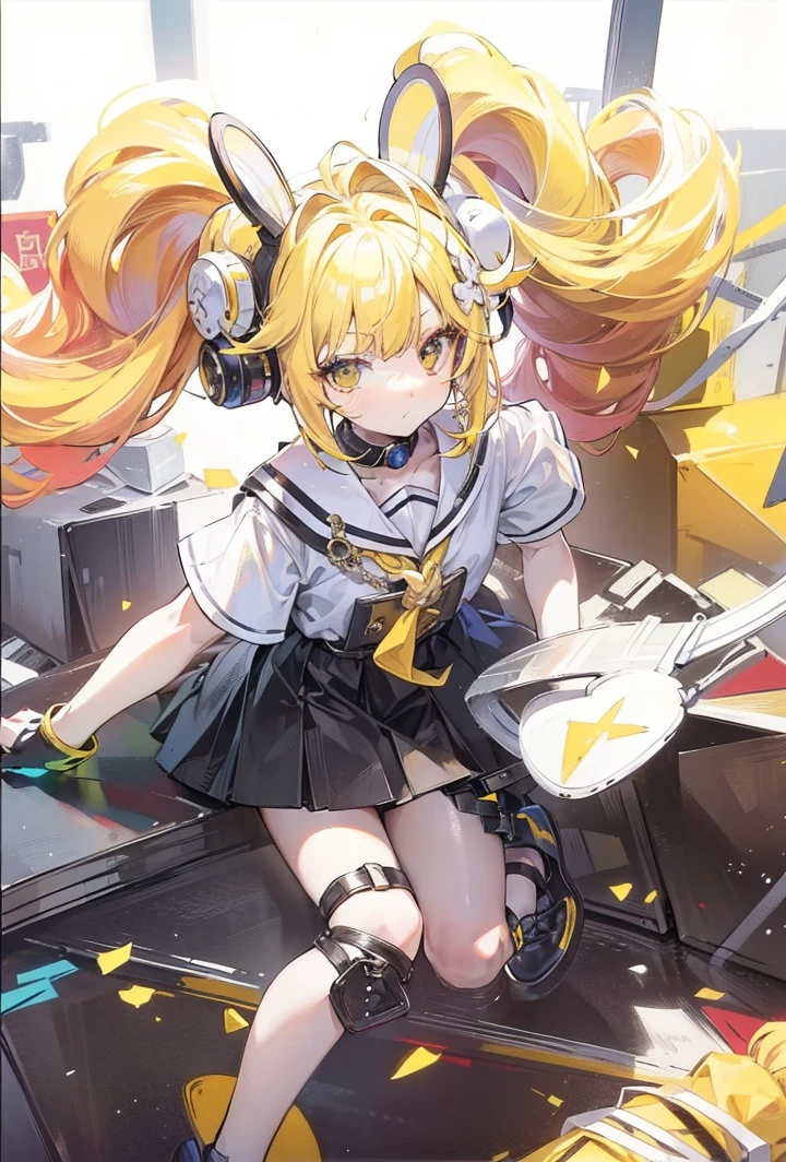 Head with powdery yellow hair,Short double ponytail,black collar,Bright sweaters,This is a cute loli