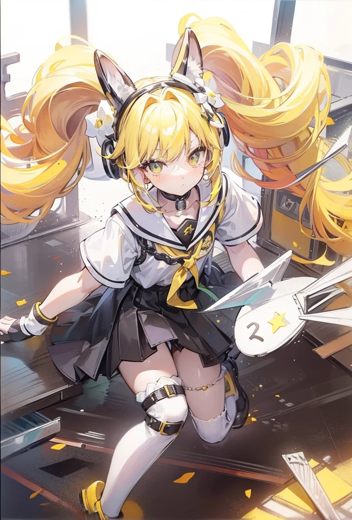 Head with powdery yellow hair,Short double ponytail,black collar,Bright sweaters,This is a cute loli
