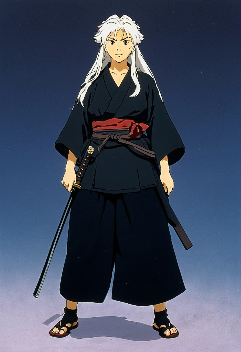 A Ghibli's studio character. With messy white  hair and dark large clothes. Her belt is large and hold some katana 