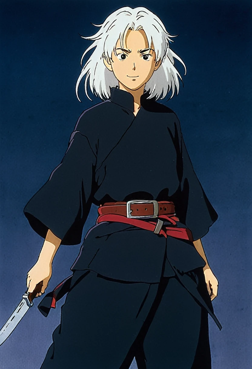 A Ghibli's studio character. With messy white  hair and dark large clothes. Her belt is large and hold some knife 