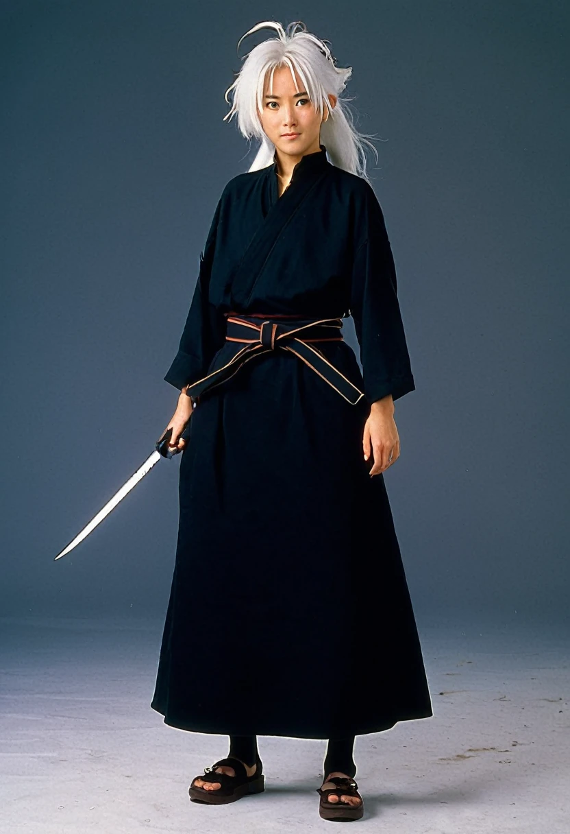 A Ghibli's studio character. With messy white hair and dark large clothes. Her belt is large and hold some knife