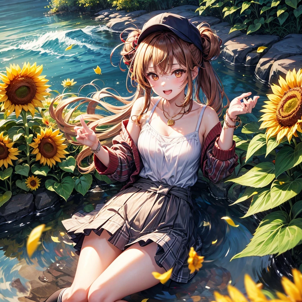 Red, brown, gold, gold hair、Golden Eyes、Hair tied up、One good looking girl、solo、anime、Checkered mini skirt、Ruffles on the skirt、camisole、Lightweight cardigan、Black knee-high socks、Wearing a baseball cap、Ribbon、Ribbon on waist、Teeth are visible、Silver coin necklace、shine、From above、Sparks are flying、tunnel、Cobblestones、waterfall、Clear Stream、Sunflower field、Have sunflowers、Midnight Moon、Winding Road、Unlocking