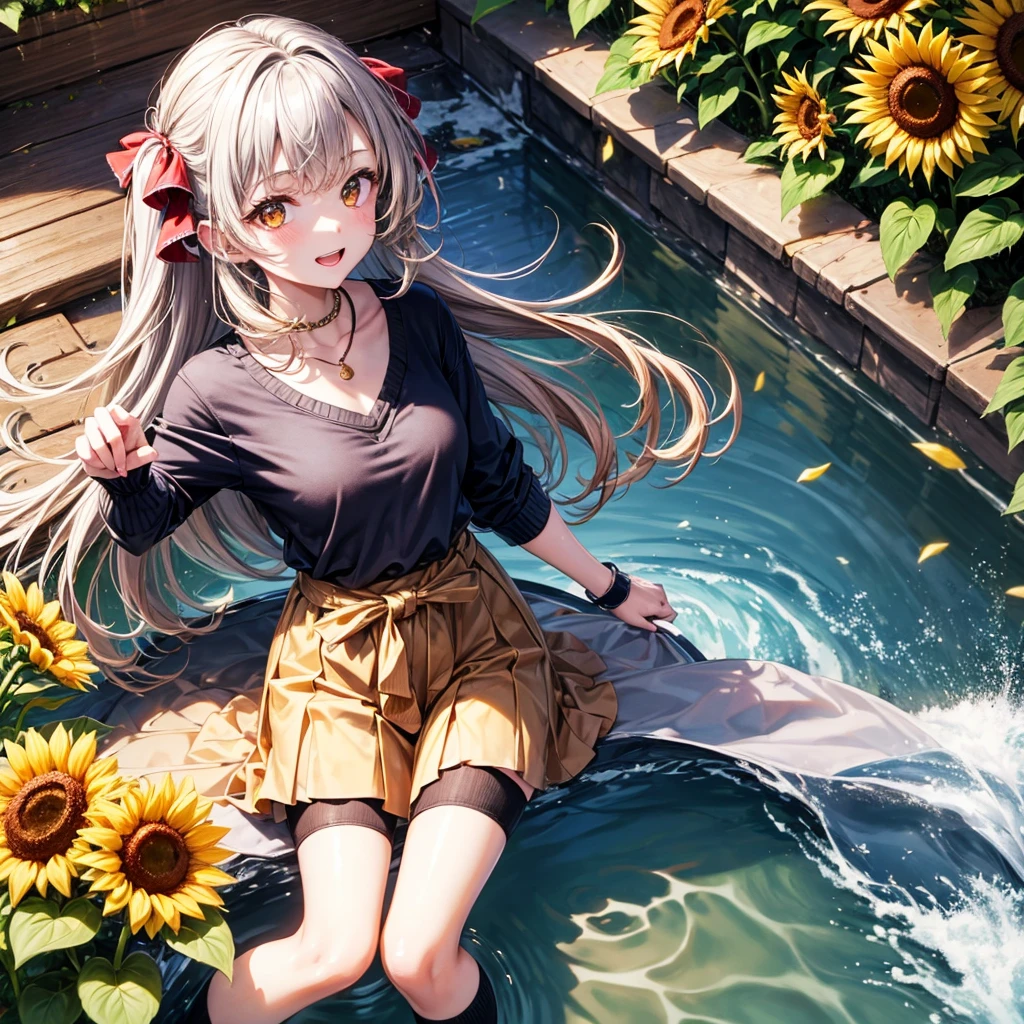 Red, brown, gold, gold hair、Golden Eyes、Hair tied up、One good looking girl、solo、anime、Checkered mini skirt、Ruffles on the skirt、camisole、Lightweight cardigan、Black knee-high socks、Wearing a baseball cap、Ribbon、Ribbon on waist、Teeth are visible、Silver coin necklace、shine、From above、Sparks are flying、tunnel、Cobblestones、waterfall、Clear Stream、Sunflower field、Have sunflowers、Midnight Moon、Winding Road、Unlocking