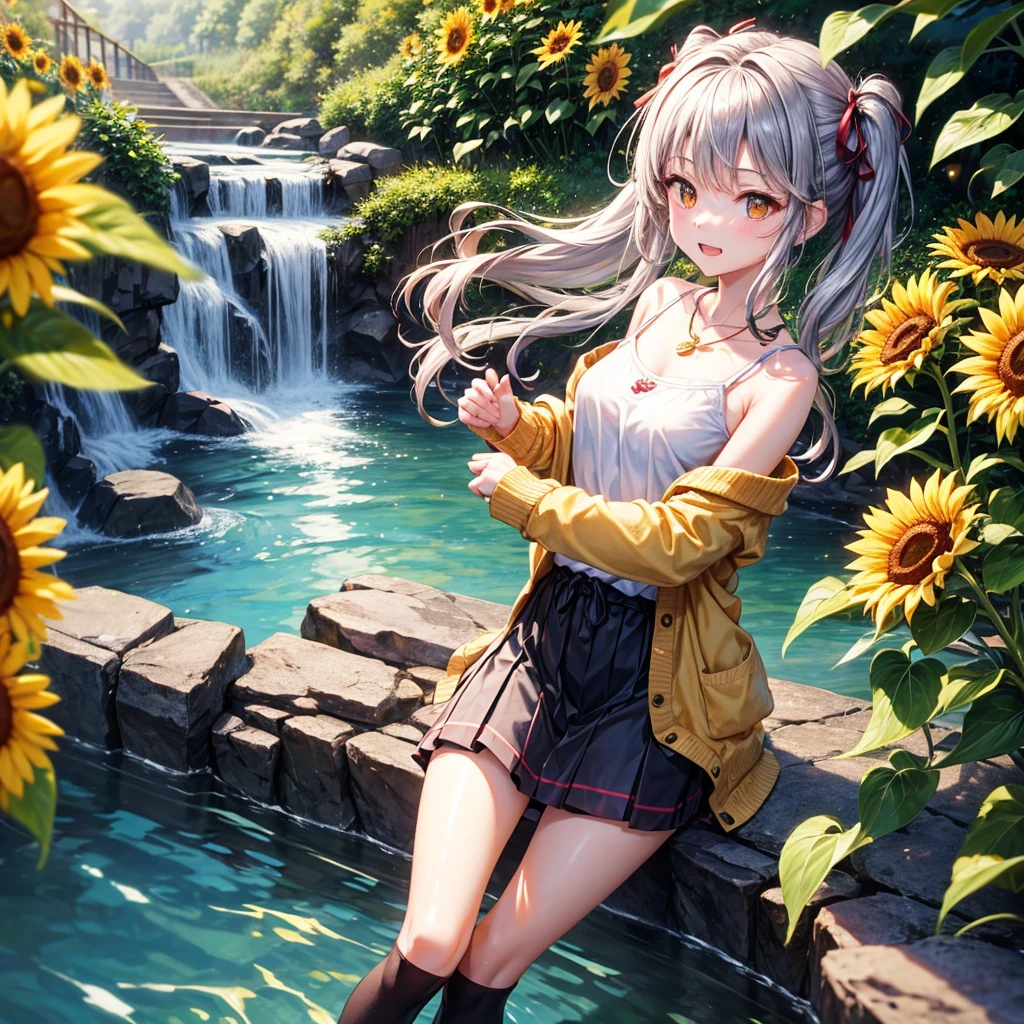 Red, brown, gold, gold hair、Golden Eyes、Hair tied up、One good looking girl、solo、anime、Checkered mini skirt、Ruffles on the skirt、camisole、Lightweight cardigan、Black knee-high socks、Wearing a baseball cap、Ribbon、Ribbon on waist、Teeth are visible、Silver coin necklace、shine、From above、Sparks are flying、tunnel、Cobblestones、waterfall、Clear Stream、Sunflower field、Have sunflowers、Midnight Moon、Winding Road、Unlocking