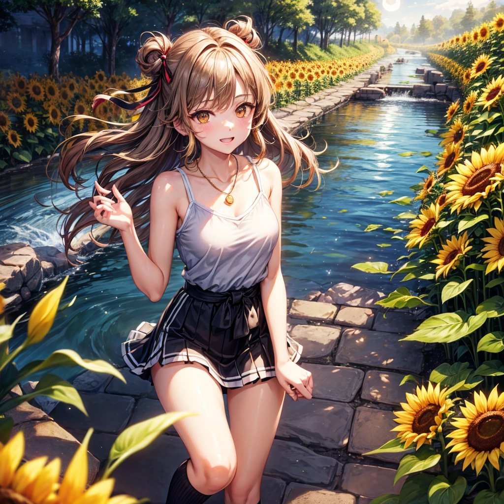 Red, brown, gold, gold hair、Golden Eyes、Hair tied up、One good looking girl、solo、anime、Checkered mini skirt、Ruffles on the skirt、camisole、Lightweight cardigan、Black knee-high socks、Wearing a baseball cap、Ribbon、Ribbon on waist、Teeth are visible、Silver coin necklace、shine、From above、Sparks are flying、tunnel、Cobblestones、waterfall、Clear Stream、Sunflower field、Have sunflowers、Midnight Moon、Winding Road、Unlocking