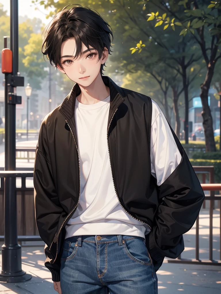 1 boy, 16 years old, short hair, black hair, slightly messy hair, brown eyes, chinese face shaped, white skin, gentle smile, tall, slim, wear casual attire, black sweater, pencil jeans, background at the park