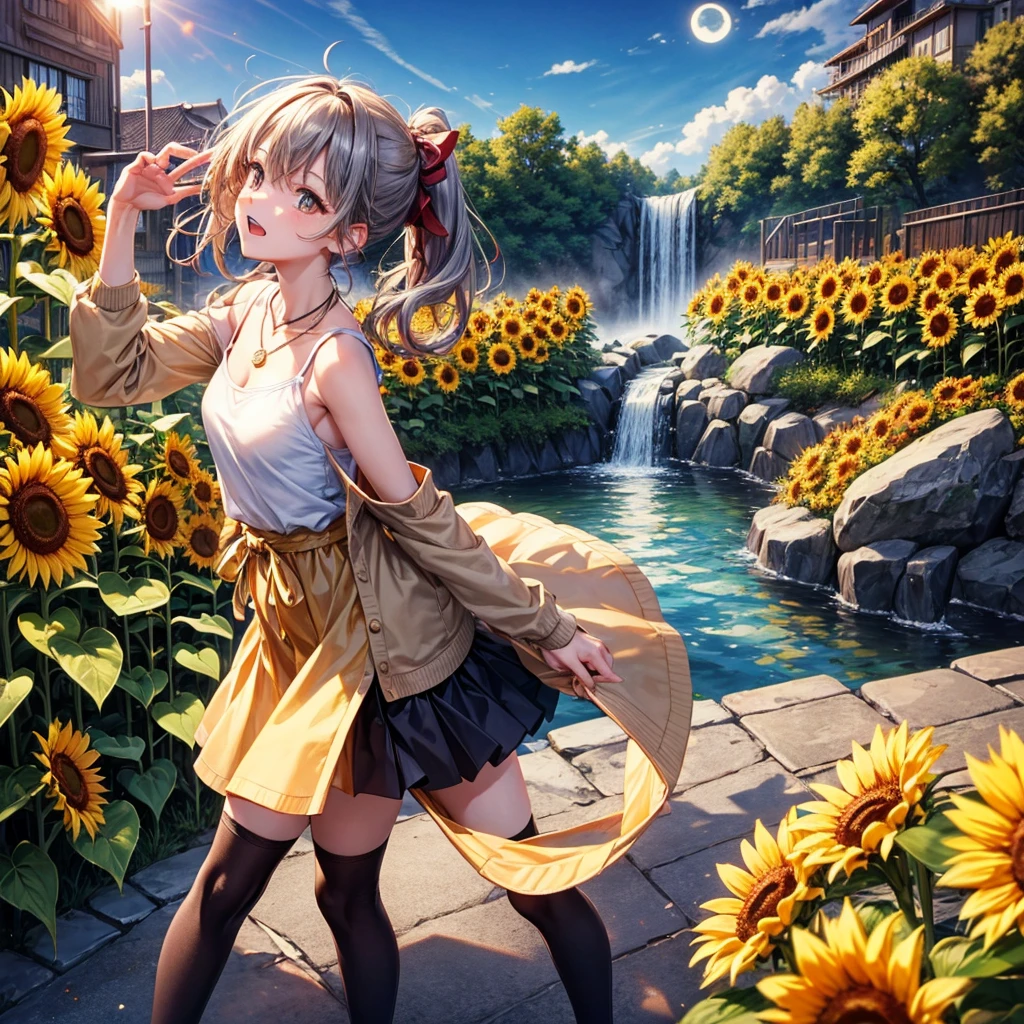 Red, brown, gold, gold hair、Golden Eyes、Hair tied up、One good looking girl、solo、anime、Checkered mini skirt、Ruffles on the skirt、camisole、Lightweight cardigan、Black knee-high socks、Wearing a baseball cap、Ribbon、Ribbon on waist、Teeth are visible、Silver coin necklace、shine、From above、Sparks are flying、tunnel、Cobblestones、waterfall、Clear Stream、Sunflower field、Have sunflowers、Midnight Moon、Winding Road、Unlocking