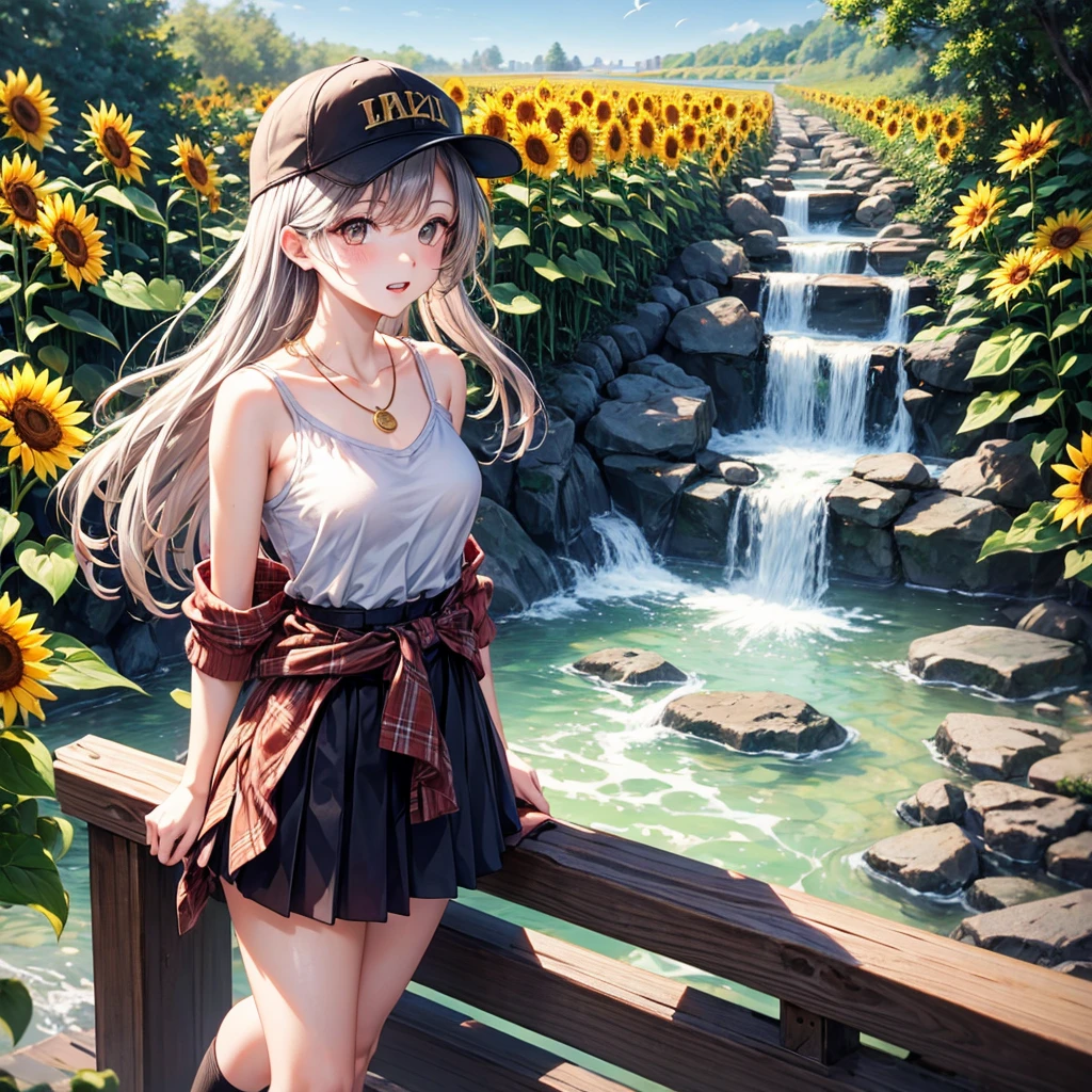 Red, brown, gold, gold hair、Golden Eyes、Hair tied up、One good looking girl、solo、anime、Checkered mini skirt、Ruffles on the skirt、camisole、Lightweight cardigan、Black knee-high socks、Wearing a baseball cap、Ribbon、Ribbon on waist、Teeth are visible、Silver coin necklace、shine、From above、Sparks are flying、tunnel、Cobblestones、waterfall、Clear Stream、Sunflower field、Have sunflowers、Midnight Moon、Winding Road、Unlocking