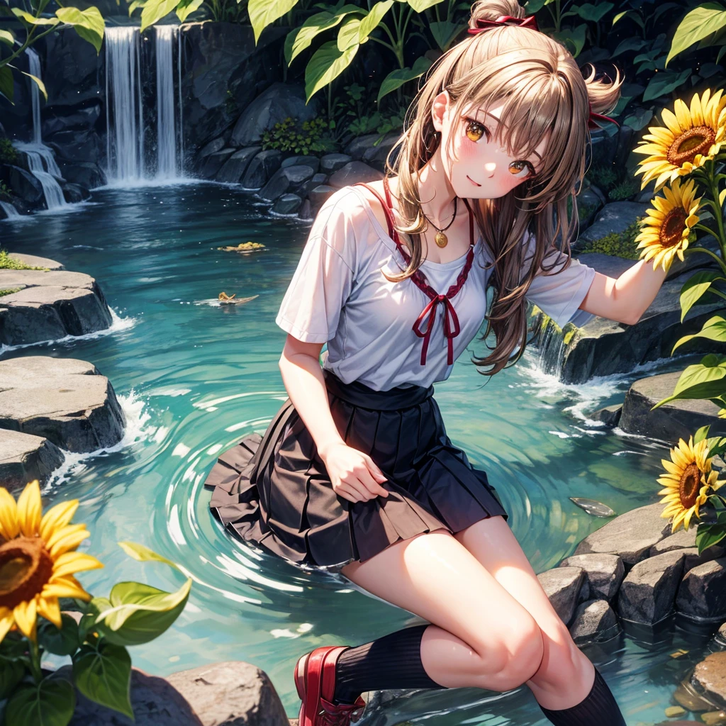 Red, brown, gold, gold hair、Golden Eyes、Hair tied up、One good looking girl、solo、anime、Checkered mini skirt、Ruffles on the skirt、camisole、Lightweight cardigan、Black knee-high socks、Wearing a baseball cap、Ribbon、Ribbon on waist、Teeth are visible、Silver coin necklace、shine、From above、Sparks are flying、tunnel、Cobblestones、waterfall、Clear Stream、Sunflower field、Have sunflowers、Midnight Moon、Winding Road、Unlocking