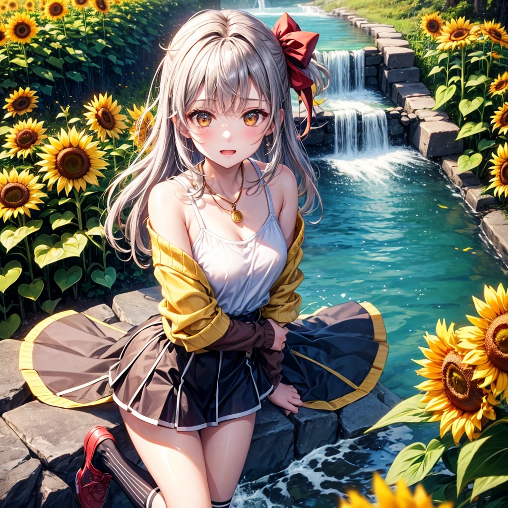 Red, brown, gold, gold hair、Golden Eyes、Hair tied up、One good looking girl、solo、anime、Checkered mini skirt、Ruffles on the skirt、camisole、Lightweight cardigan、Black knee-high socks、Wearing a baseball cap、Ribbon、Ribbon on waist、Teeth are visible、Silver coin necklace、shine、From above、Sparks are flying、tunnel、Cobblestones、waterfall、Clear Stream、Sunflower field、Have sunflowers、Midnight Moon、Winding Road、Unlocking