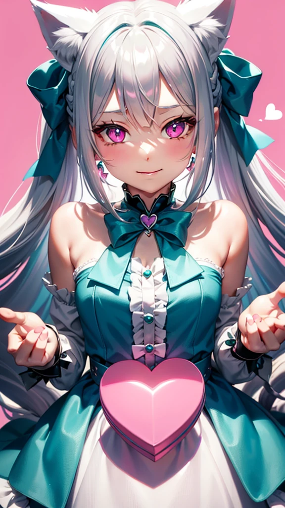 Silver hair, pink eyes, body, cat ears, girl, earrings, heart background fantasy, princess, godly, hair bows, happy face, teal green dress, pet cat