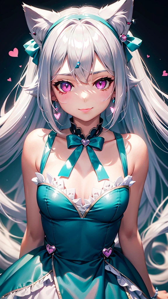 Silver hair, pink eyes, body, cat ears, girl, earrings, heart background fantasy, princess, godly, hair bows, happy face, teal green dress, pet cat