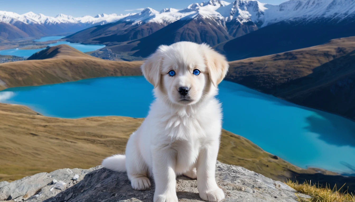 A regal puppy with a shiny coat and piercing blue eyes, standing proudly on a mountaintop, surrounded by a breathtaking landscape of snow-capped mountains and crystal clear lakes.