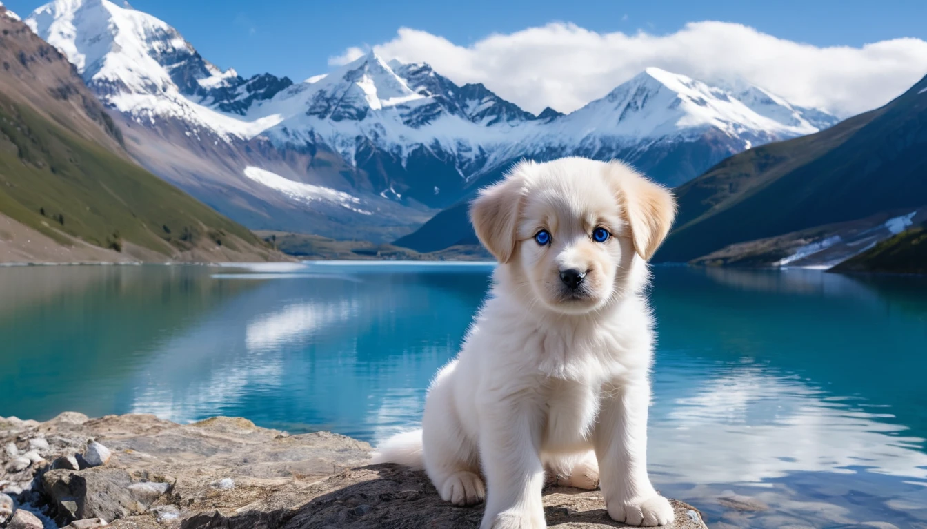 A regal puppy with a shiny coat and piercing blue eyes, standing proudly on a mountaintop, surrounded by a breathtaking landscape of snow-capped mountains and crystal clear lakes.