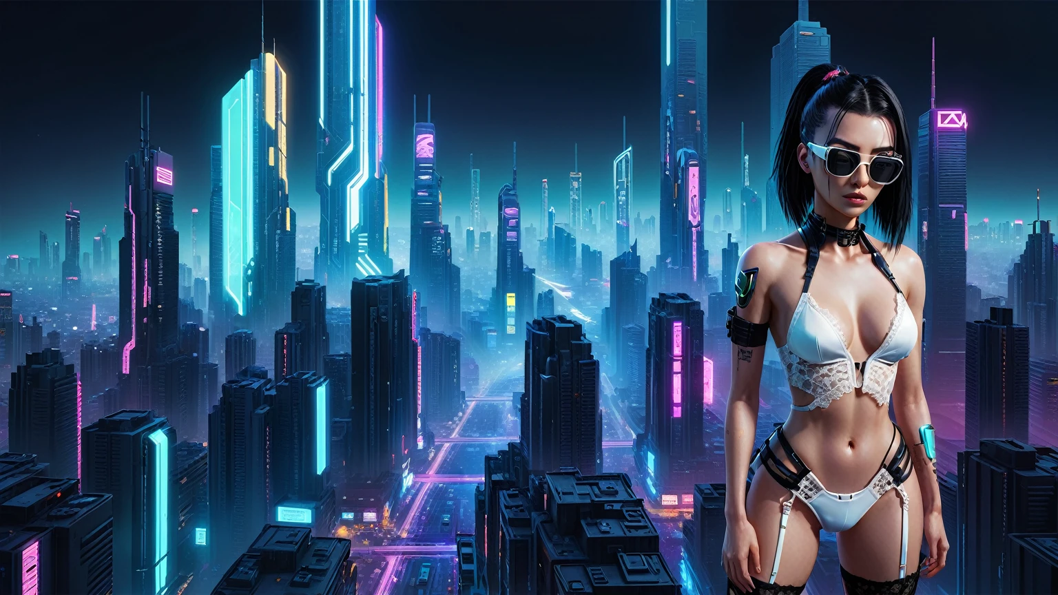 (((1woman, solo))), rainbow light, 3d neon art of a woman's body, cyberpunk femme fatale, seductive cyberpunk dark fantasy, cyberpunk 20 y. o large-breast model girl, (((with black miniskirt and white lace panty, with matrix style black micro sunglasses))), oppai cyberpunk, banner, high definition cgsociety, cgsociety masterpiece, trending on cgstation, kda, (((((aerial view))))) image of cyberpunk city in the background. 