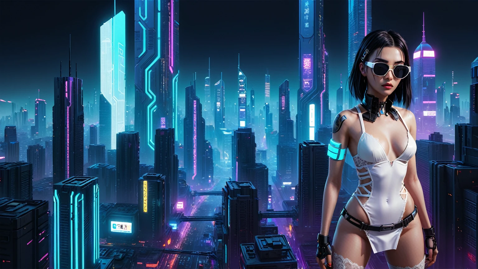 (((1woman, solo))), rainbow light, 3d neon art of a woman's body, cyberpunk femme fatale, seductive cyberpunk dark fantasy, cyberpunk 20 y. o large-?????? model girl, (((with black miniskirt and white ??????????, with matrix style black micro sunglasses))), oppai cyberpunk, banner, high definition cgsociety, cgsociety masterpiece, trending on cgstation, kda, (((((aerial view))))) image of cyberpunk city in the background. 