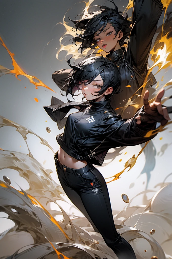 short hair woman,Wear a black sweater.,trousers,Has fire magic power,