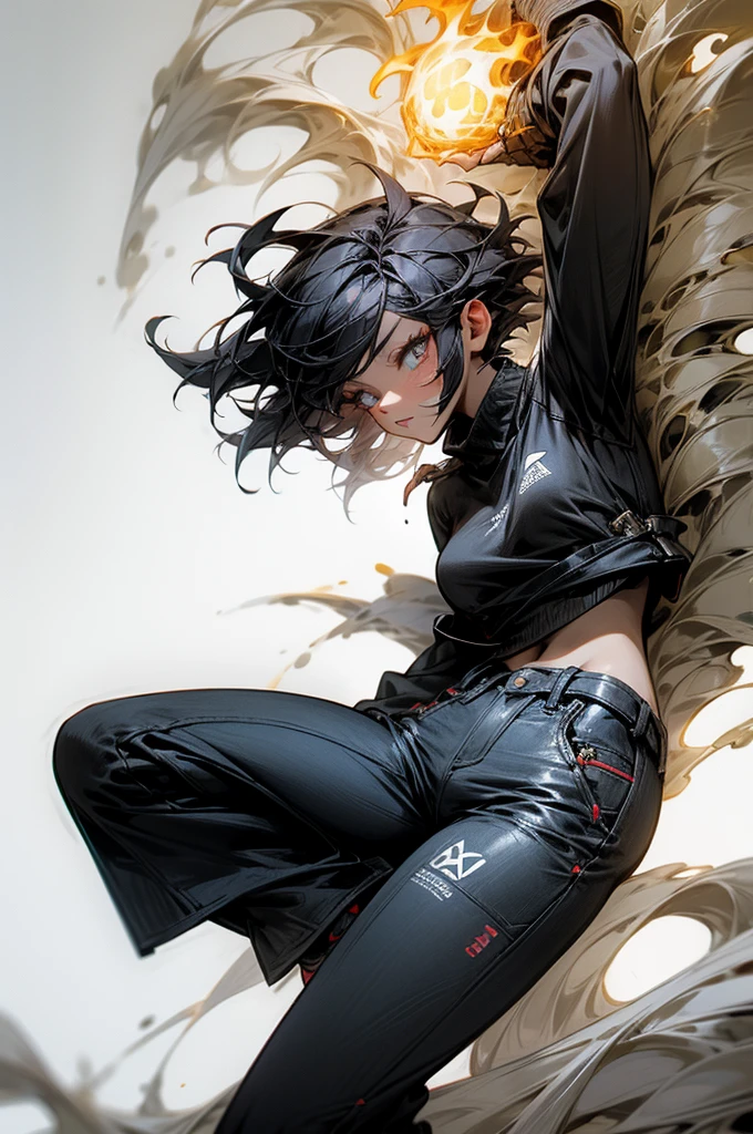 short hair woman,Wear a black sweater.,trousers,Has fire magic power,