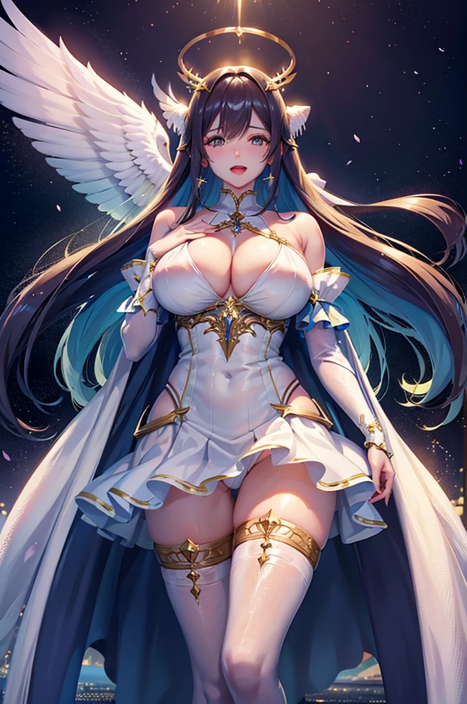 anime、最high quality, high quality, 8K、High resolution,Highest quality、solo、Open Mouth Smile、Arafe woman wearing a white hikini with wings, super Wide Angel, Majestic angel all over the body, animeの女神, Wide Angel, Angela White, chic, Spectacular angles and poses, 美しく魅力的なanimeの女性, Huge and stunning goddess shots, Angel Knight Girl, Tall female angel, She has angel wings on her back, Highly detailed goddess shot