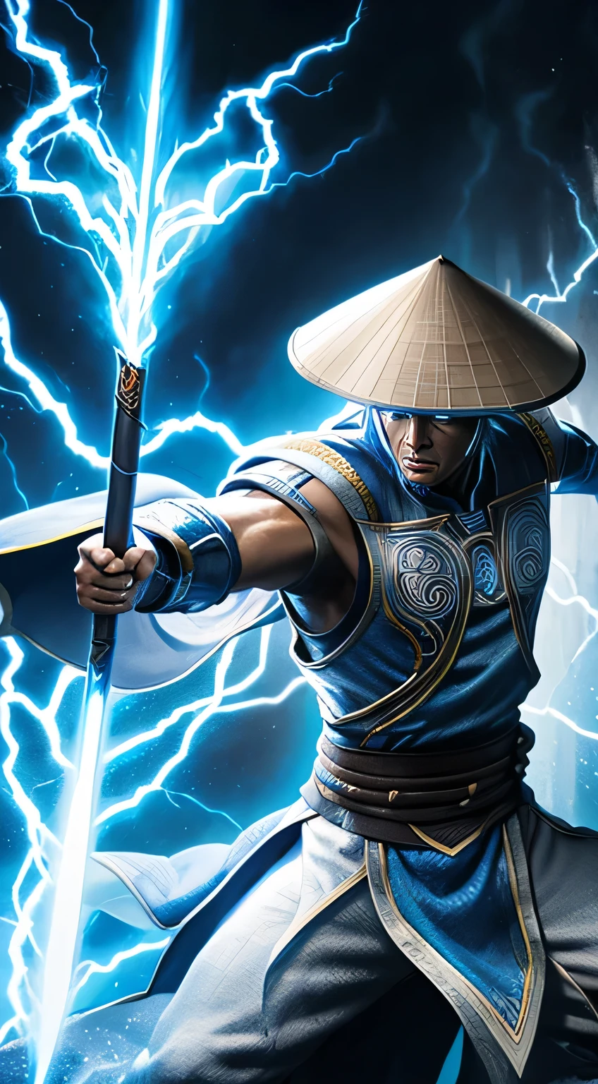 Raiden, Mortal Combat, wears white cloak, A Vietnamese hat, shining blue eyes, wields baton, God of thunder, protector of the Earth Plane, intricate, high détail, sharp focus, dramatic, photorealistic paint art by greg rutkowski