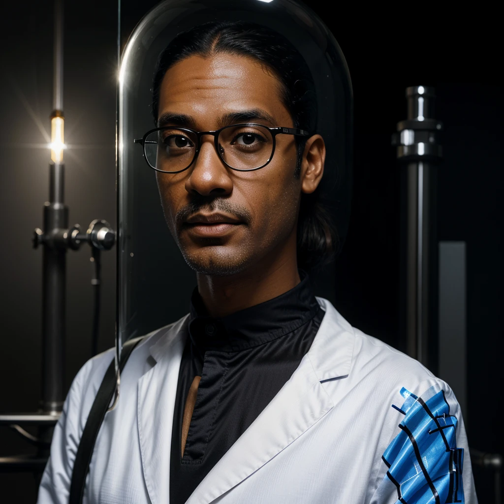 Ridiculous resolution, high resolution, reflection, refraction of light:1.4 is very detailed:1.0 (illustration, line drawing), Masterpiece, scientist with glasses, full length, man (Europe, Arab, dark skin), horrible, middle age, 40 years old, work clothes (polyester, synthesize), Head tattoos, scientific uniform, scientist, scientific, biologist, Technologist