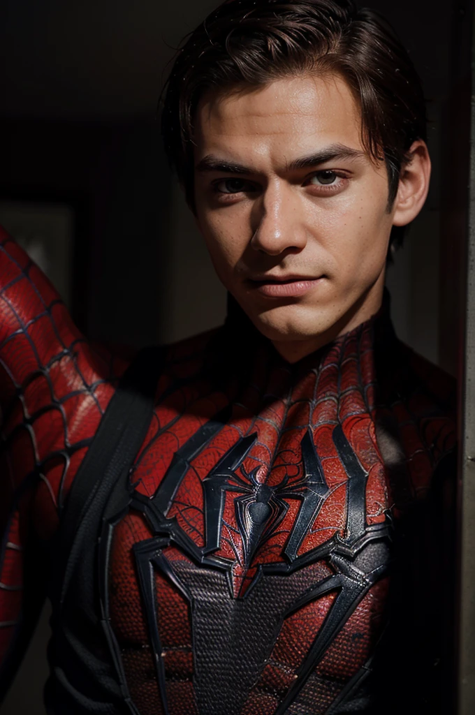 A photograph of spider man, no mask, 20 yo, handsome, detailed face, looking at camera, portrait, 8k uhd, high quality