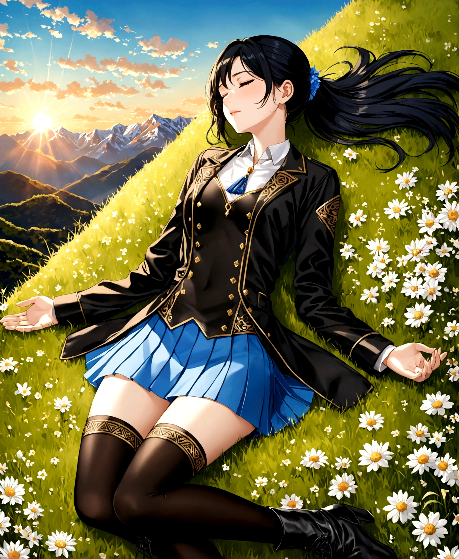 A beautiful woman, 18 years old, in a valley surrounded by mountains, lying on the grass stretching her arms, sunrise, sun emerging between the mountains, eyes closed, asleep, aerial view, superior focus, /(white skin, extremely long straight jet black hair combed in a ponytail, topaz blue eyes,), /(plain pleated mini skirt with flower patterns, light thigh-high stockings held up by garters, leather boots, full body coat, hair brooch,), /(shapely legs, athletic hourglass body, medium hips, medium waist, large chest, perfect tapered hands, triangular face, long fingers, Greek nose,),
